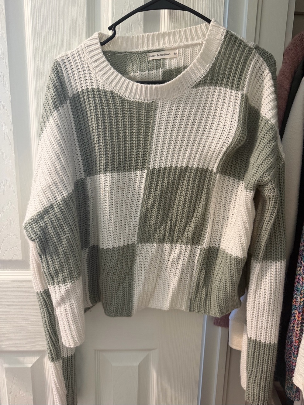 moon & madison Olive Green and Cream Waffle Knit Check Crew Sweater